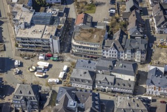 Aerial view, market place with fountain, gastronomy at the market place with half-timbered houses,