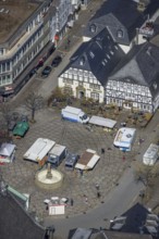 Aerial view, market place with fountain, gastronomy at the market place with half-timbered houses,