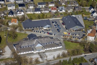 Aerial view, Schützenhalle, EDEKA Brilon, ALDI Brilon, local supply centre, Brilon, Sauerland,