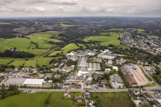 Aerial view, commercial area Frankfurter Straße in Breckerfeld, Sauerland, North Rhine-Westphalia,