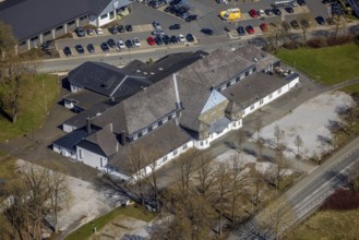 Aerial view, shooting hall, Brilon, Sauerland, North Rhine-Westphalia, Germany, DE, Europe, hall,