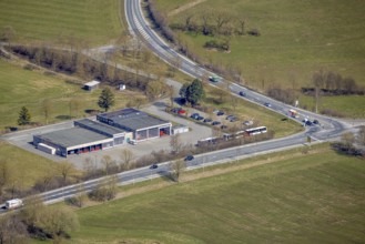 Aerial view, bus company RLG Regionalverkehr Ruhr-Lippe, Brilon, Sauerland, North Rhine-Westphalia,