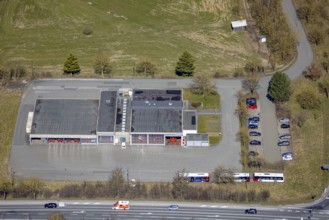 Aerial view, bus company RLG Regionalverkehr Ruhr-Lippe, Brilon, Sauerland, North Rhine-Westphalia,