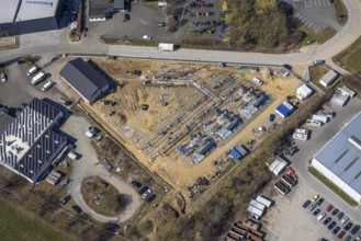 Aerial view, industrial estate Ostring, construction site EnergieStation Brilon, Brilon, Sauerland,