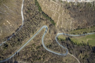 Aerial view, Bilsteinhalde, serpentines, forest dieback, hairpin bend, motorbike route, Gudenhagen,