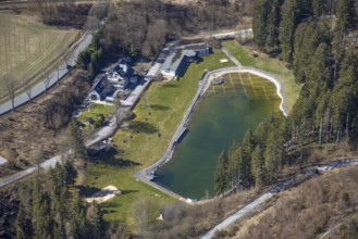 Aerial view, Forsthaus forest lake with Waldfreibad Gudenhagen, natural outdoor pool, Gudenhagen,