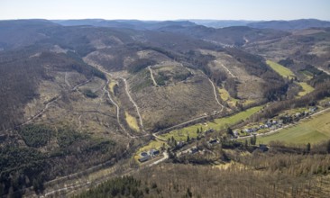 Aerial view, forest dieback, Middle Hoppecke Valley, Krahwinkel Pulvermühle landscape conservation