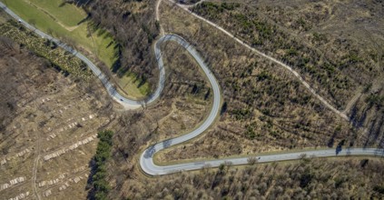 Aerial view, Bilsteinhalde, serpentines, forest dieback, hairpin bend, motorbike route, Gudenhagen,
