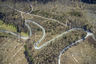 Aerial view, Bilsteinhalde, serpentines, forest dieback, hairpin bend, motorbike route, Gudenhagen,