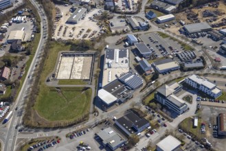 Aerial view, commercial area Ostring, industrial electronics Brilon, tax office Brilon, Brilon,