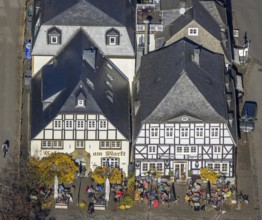 Aerial view, half-timbered inns at the market with outdoor catering in Brilon, Sauerland, North