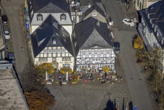 Aerial view, half-timbered inns at the market with outdoor catering in Brilon, Sauerland, North