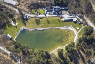 Aerial view, Forsthaus forest lake with Waldfreibad Gudenhagen, natural outdoor pool, Gudenhagen,