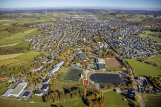 Aerial view, town view with sports field and Gymnasium Petrinum Brilon as well as vocational