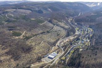Aerial view, construction site renovation of the B251 Korbacher Straße, Waldsterben, Brilon-Wald,