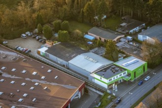Aerial view, company premises ZweiradCenter Rück in the district south in Bottrop, Ruhr area, North