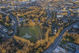 Aerial view, park with biotope in the evening light between Grünewaldstraße and Südring in the