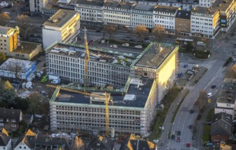 Aerial view, city centre view and new Bauknecht quarter with construction site at the RAG building