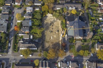 Aerial view, construction site at the former church St. Elisabeth with solar roof in the north-east