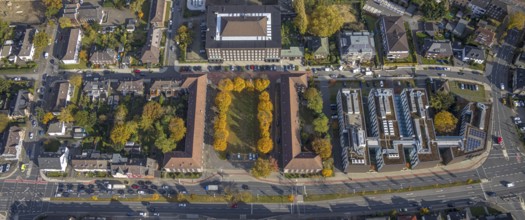 Aerial view, Hochschule Ruhr West - Campus Bottrop, Hans-Sachs-Platz and trees in autumn colours in