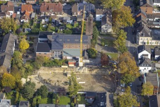 Aerial view, construction site at the former church St. Elisabeth with solar roof in the north-east