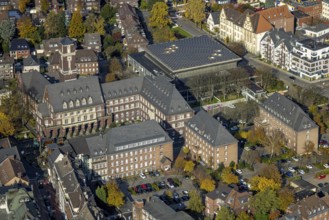 Aerial view, town hall and Saalbau event location in the Altstadt district of Bottrop, Ruhr area,
