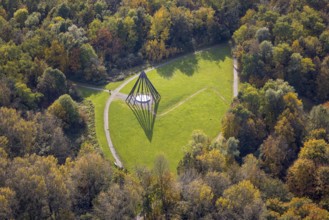 Aerial view, pyramid sculpture with shadows in the health park Quellenbusch in the district south