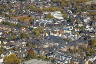Aerial view, city centre view with town hall and university Ruhr West - Campus Bottrop in the