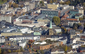 Aerial view, city centre view with catholic church St. Cyriakus in the district Altstadt in