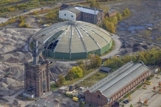 Aerial view, Prosper II colliery and round raw coal mixing hall and Malakow tower in the