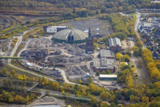 Aerial view, Prosper II colliery and round raw coal mixing hall and Malakow tower in the