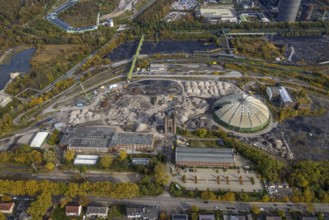 Aerial view, Prosper II colliery and round raw coal mixing hall and Malakow tower in the