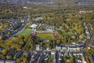 Aerial view, Jahnstadion with Dieter-Renz-Halle and indoor swimming pool in the sports park in the