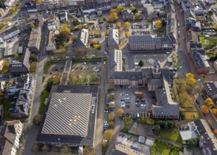 Aerial view, town hall and hall building in the district Altstadt in Bottrop, Ruhr area, North