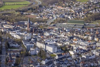 Aerial view, city centre view with cathedral of Neheim - St. Johannes-Baptist, Neheimer Markt,