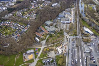 Aerial view, construction site and new building, vocational training centre on the educational