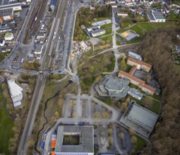 Aerial photo, construction site and new construction of vocational training centre on the