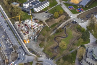 Aerial view, construction site and new construction of vocational training centre on the