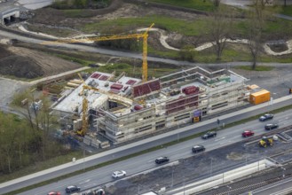 Aerial view, construction site and new construction of vocational training centre on the