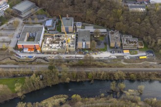 Aerial view, construction site and new building at Berufskolleg Berliner Platz, Hüsten, Arnsberg,