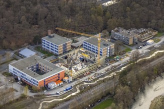 Aerial view, construction site and new building at Berufskolleg Berliner Platz, Hüsten, Arnsberg,