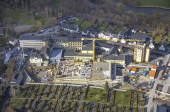 Aerial view, construction site and new building at Hochsauerland Clinic, Hüsten, Arnsberg,