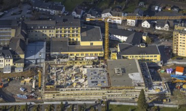 Aerial view, construction site and new building at Hochsauerland Clinic, Hüsten, Arnsberg,