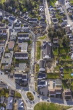 Aerial view, construction site Ehmsenplatz for new roundabout, catholic church St. Michael, oval