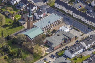 Aerial view, construction site and new building at St Paul's Church, St Paul's Protestant