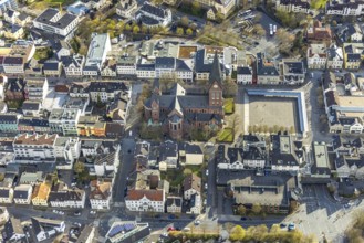 Aerial view, city centre view with cathedral of Neheim - St. Johannes-Baptist, Neheimer Markt,