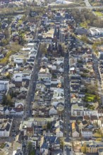 Aerial view, city centre view with cathedral of Neheim - St. Johannes-Baptist, Neheimer Markt,