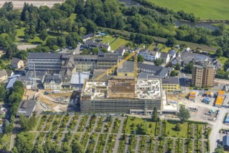 Aerial view, construction site and extension of Hochsauerland Karolinen-Hospital Hüsten, Hüsten,