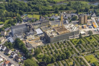 Aerial view, construction site and extension of Hochsauerland Karolinen-Hospital Hüsten, Hüsten,