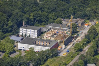 Aerial view, construction site and new building, Berufskolleg Berliner Platz, Hüsten, Arnsberg,